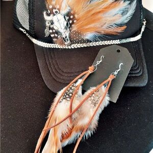Feathered Black and Orange Cap with Earrings